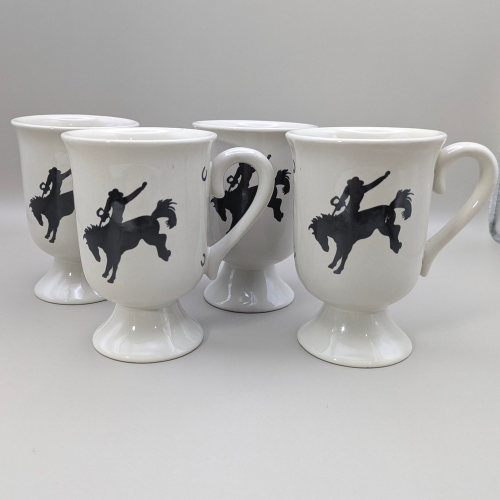 Set of 4 Western Bucking Bronco Footed Ceramic Mugs White Cowboy Rodeo 4.5"